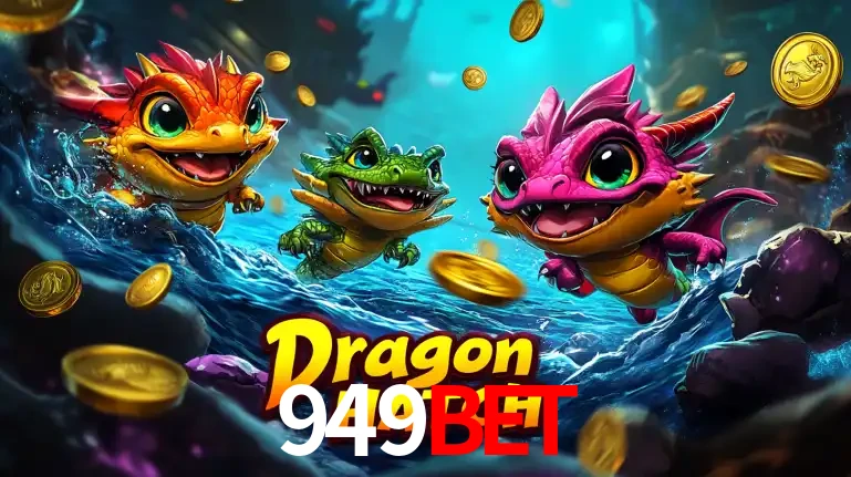 Arte promocional do jogo Dragon Hatch com três adoráveis dragões bebês nadando entre moedas de ouro, um dos slots mais divertidos para jogar no cassino 949bet.