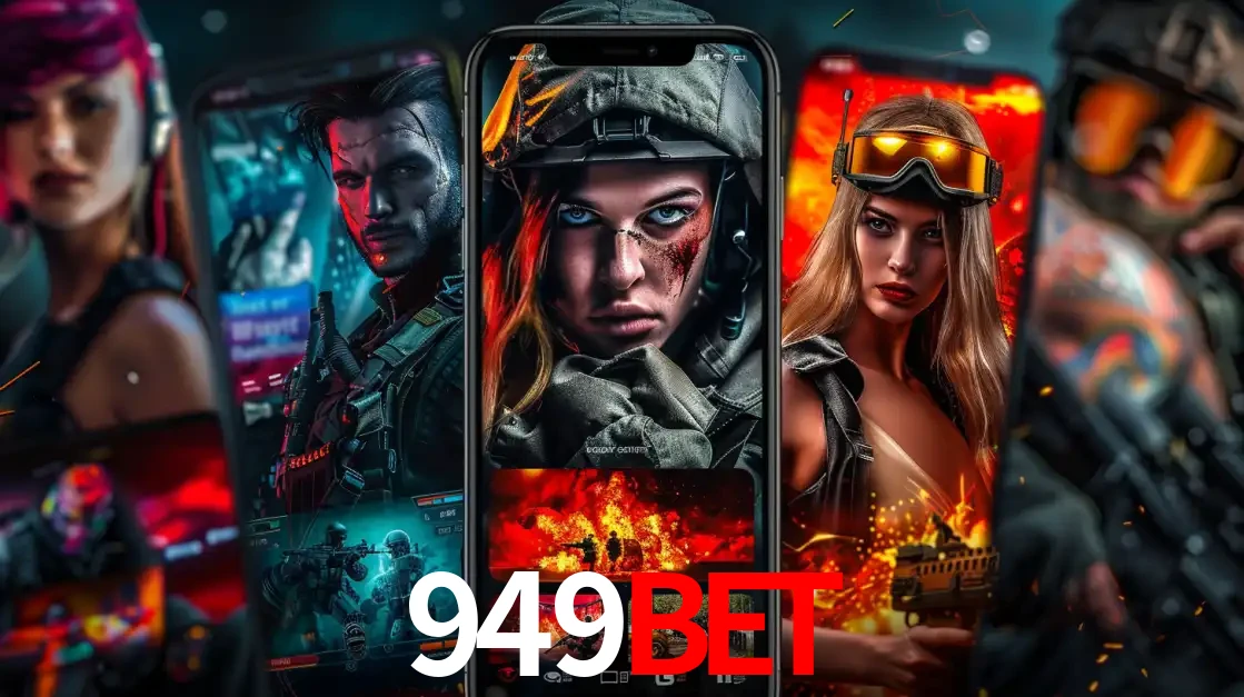 Montagem de telas de celular mostrando diversos personagens, masculinos e femininos, de um jogo de tiro, ilustrando a diversidade de equipes de e-sports para apostar no 949bet.