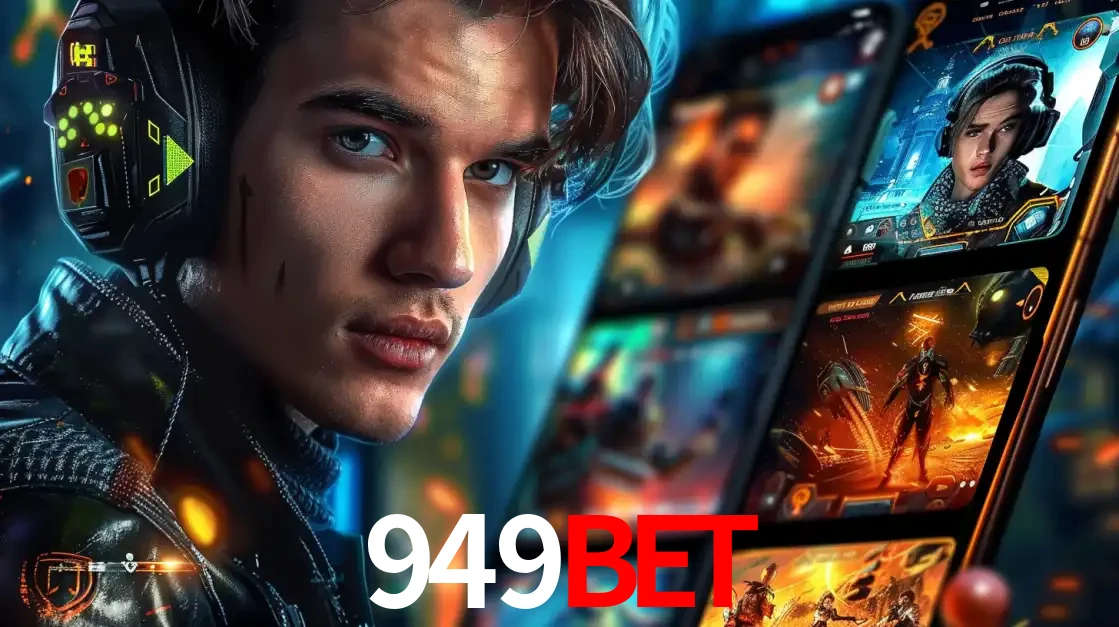 Jovem jogador com fones de ouvido olhando para a câmera, com um aplicativo de jogos e e-sports para celular ao fundo, pronto para a competição e apostas no 949bet.