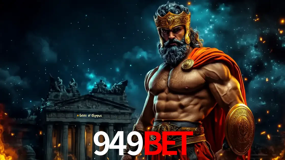 O poderoso Zeus do jogo de slot Gates of Olympus em frente ao seu templo, pronto para lançar multiplicadores divinos e prêmios épicos no cassino online 949bet.