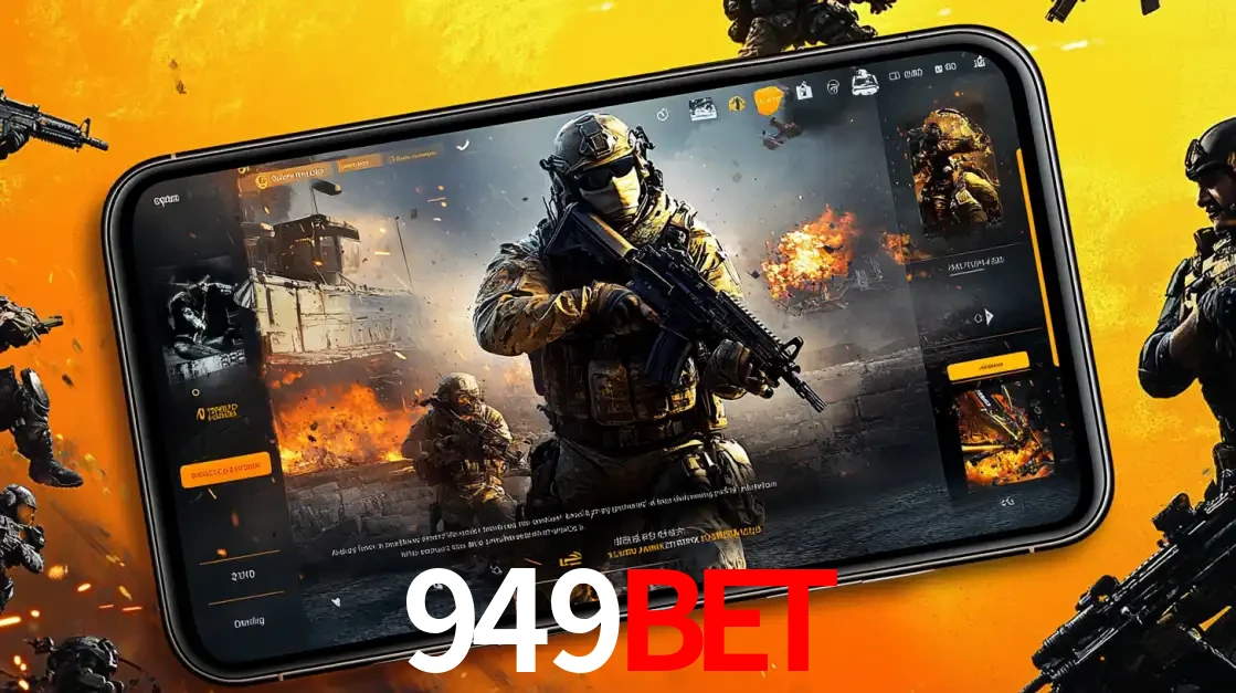 Um smartphone exibindo a interface de um jogo de tiro em primeira pessoa, com um soldado em um cenário de batalha, representando a ação dos e-sports para apostar no 949bet.