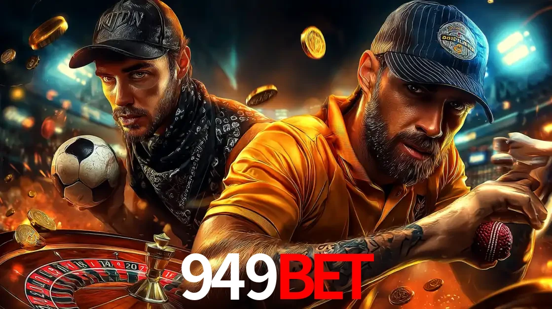 Montagem de apostas esportivas e cassino no 949bet, com um homem segurando uma bola de futebol e outro uma de beisebol sobre uma roleta e moedas voadoras.