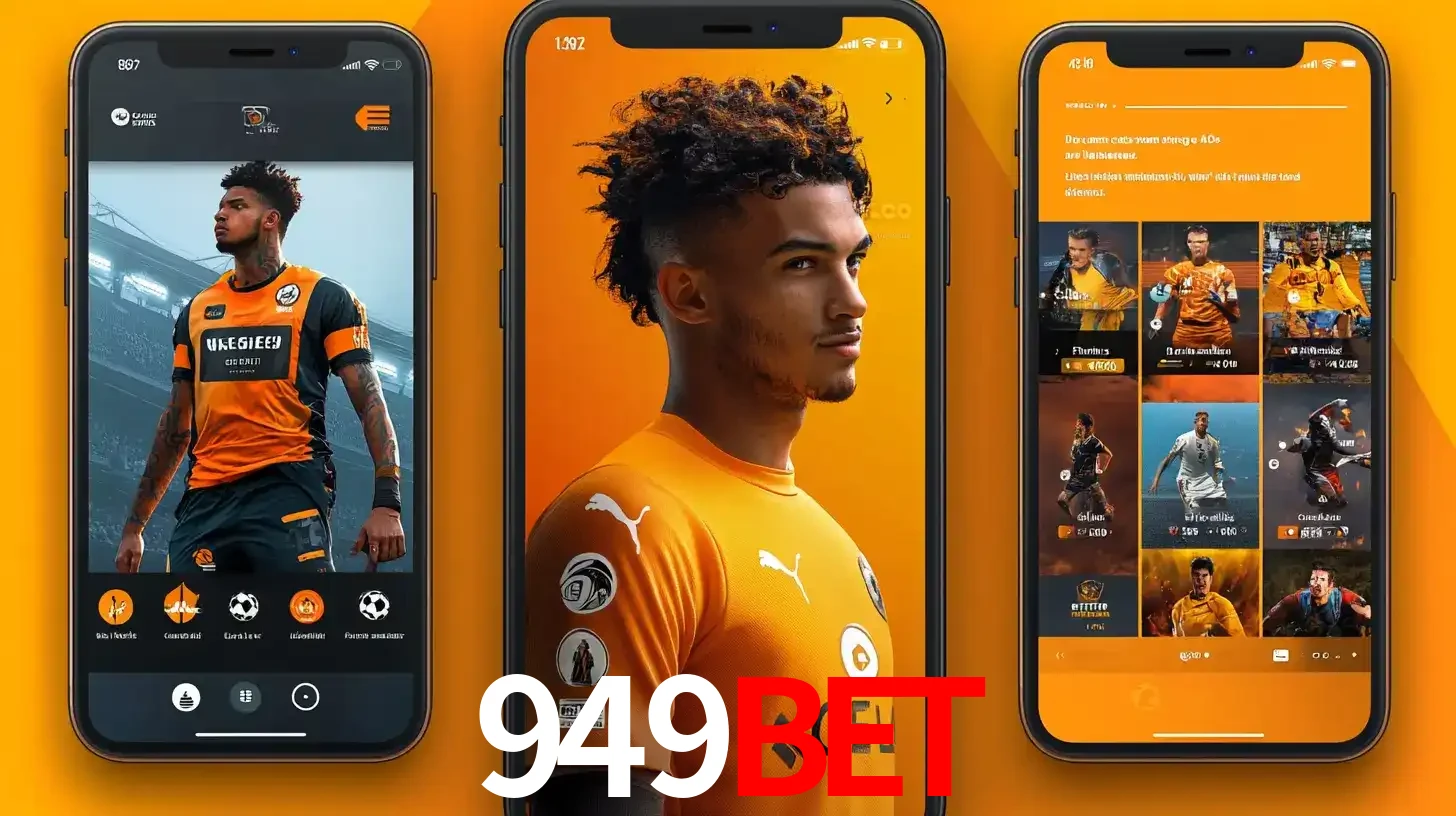 Interface do aplicativo de apostas esportivas 949bet em três telas de celular, mostrando o perfil de um jogador de futebol e a lista de jogos disponíveis para apostar.
