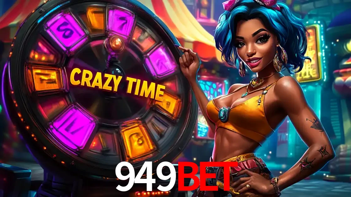 Mulher estilizada com cabelo azul e visual vibrante posando ao lado da roda de prêmios do game show Crazy Time, convidando para a diversão e os bônus do cassino 949bet.