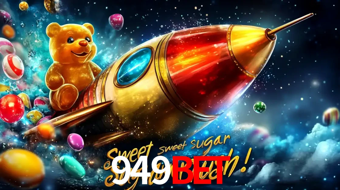 Arte promocional do jogo de slot Sugar Rush, com um urso de pelúcia em um foguete viajando pelo espaço de doces, um dos jogos divertidos disponíveis no cassino 949bet.