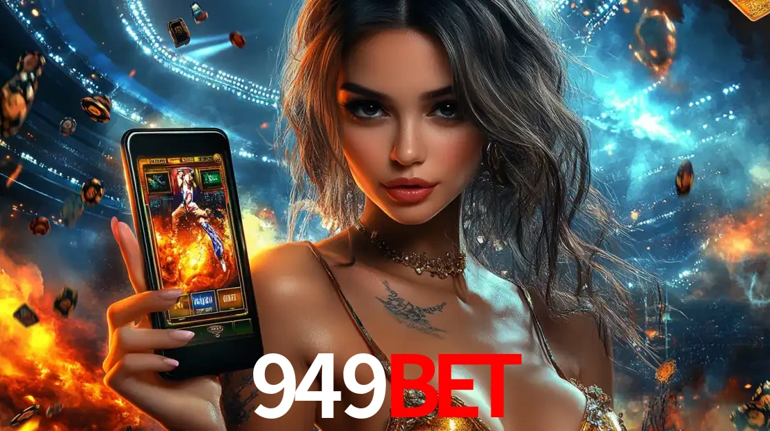 Mulher segurando um celular com um jogo de slot em destaque, tendo como fundo um estádio vibrante, simbolizando a emoção de jogar no cassino móvel 949bet.