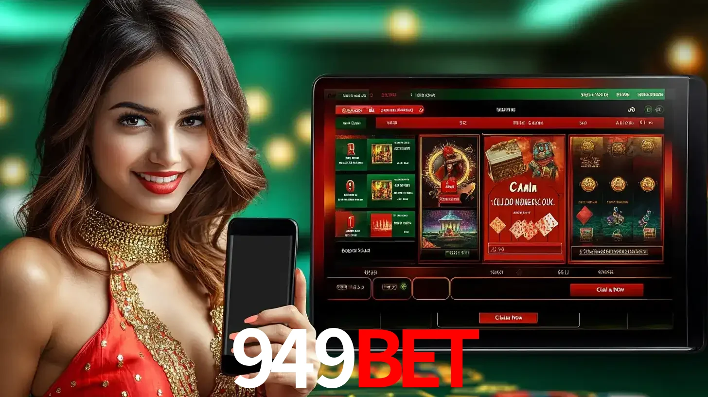 Mulher sorridente segurando um smartphone, ao lado de uma tela exibindo o lobby de jogos do cassino online 949bet, com várias opções de jogos de cartas e slots.
